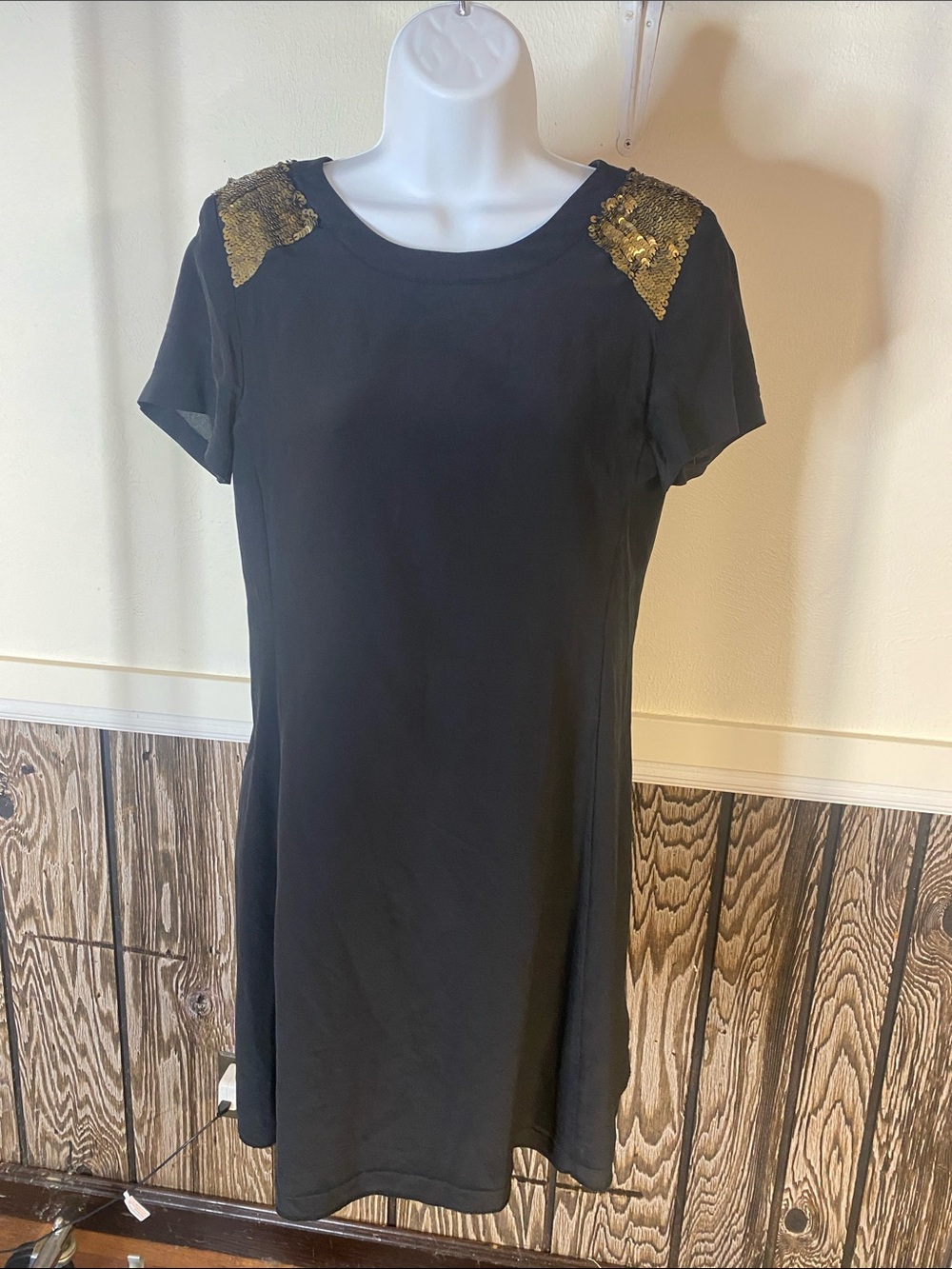 Madewell Silk Black Mini Dress with Gold Sequin Shoulder Details